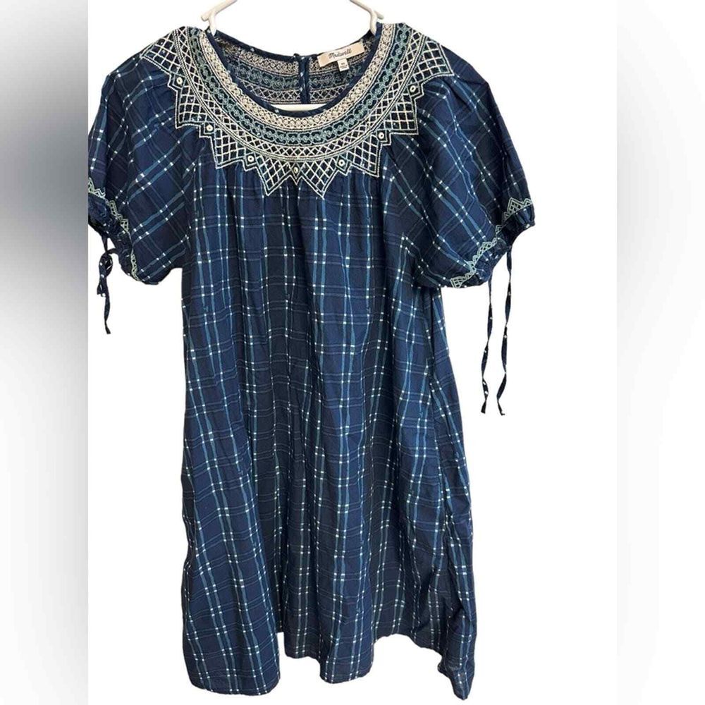 Madewell Embroidered Puff-Sleeve Babydoll Dress in Indigo Plaid size XS NE787